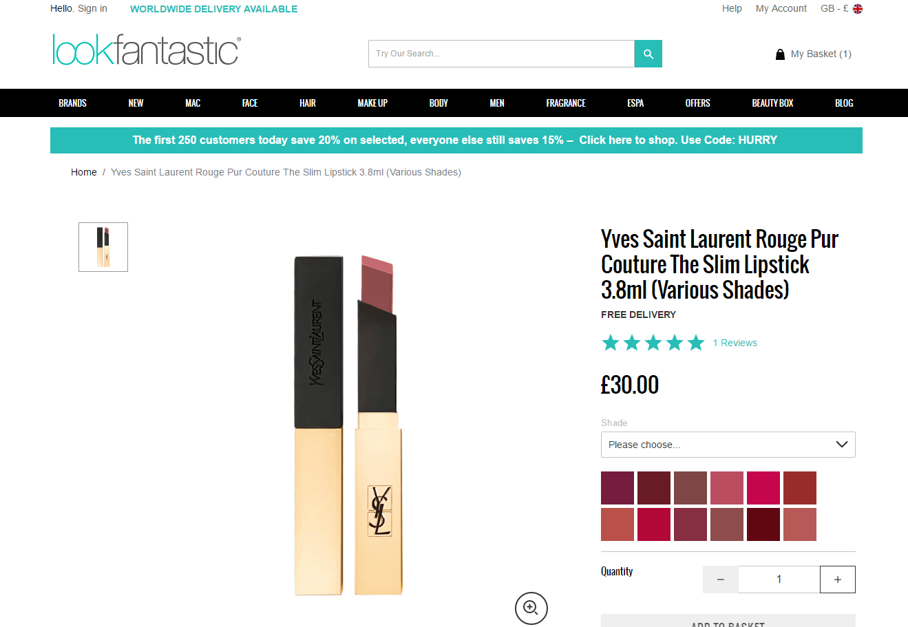 Lookfantastic折扣码2026 YSL 圣罗兰18年新款小金条雾面唇膏8折£24，需转运-图片1