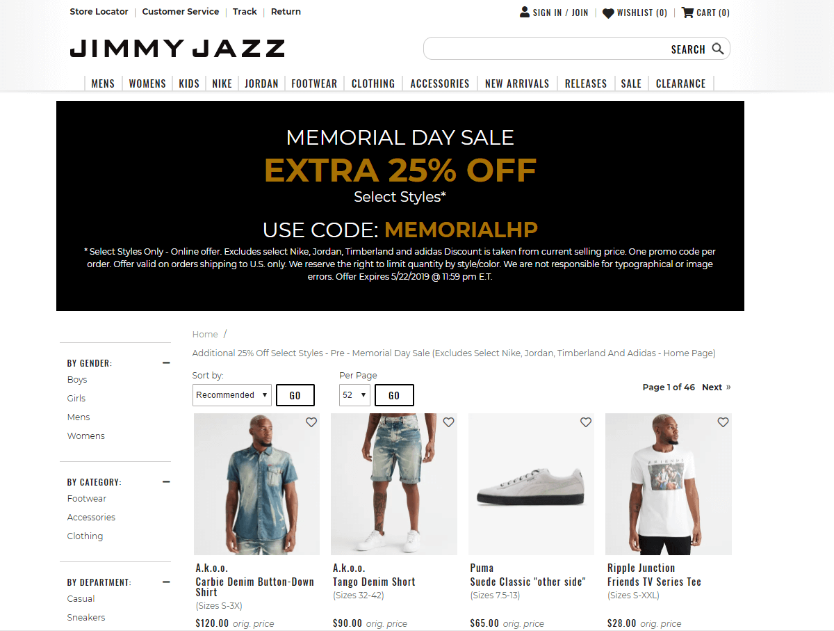 Jimmy Jazz优惠码2026 Memorial Day精选Nike、Puma等7.5折促销需.95运费