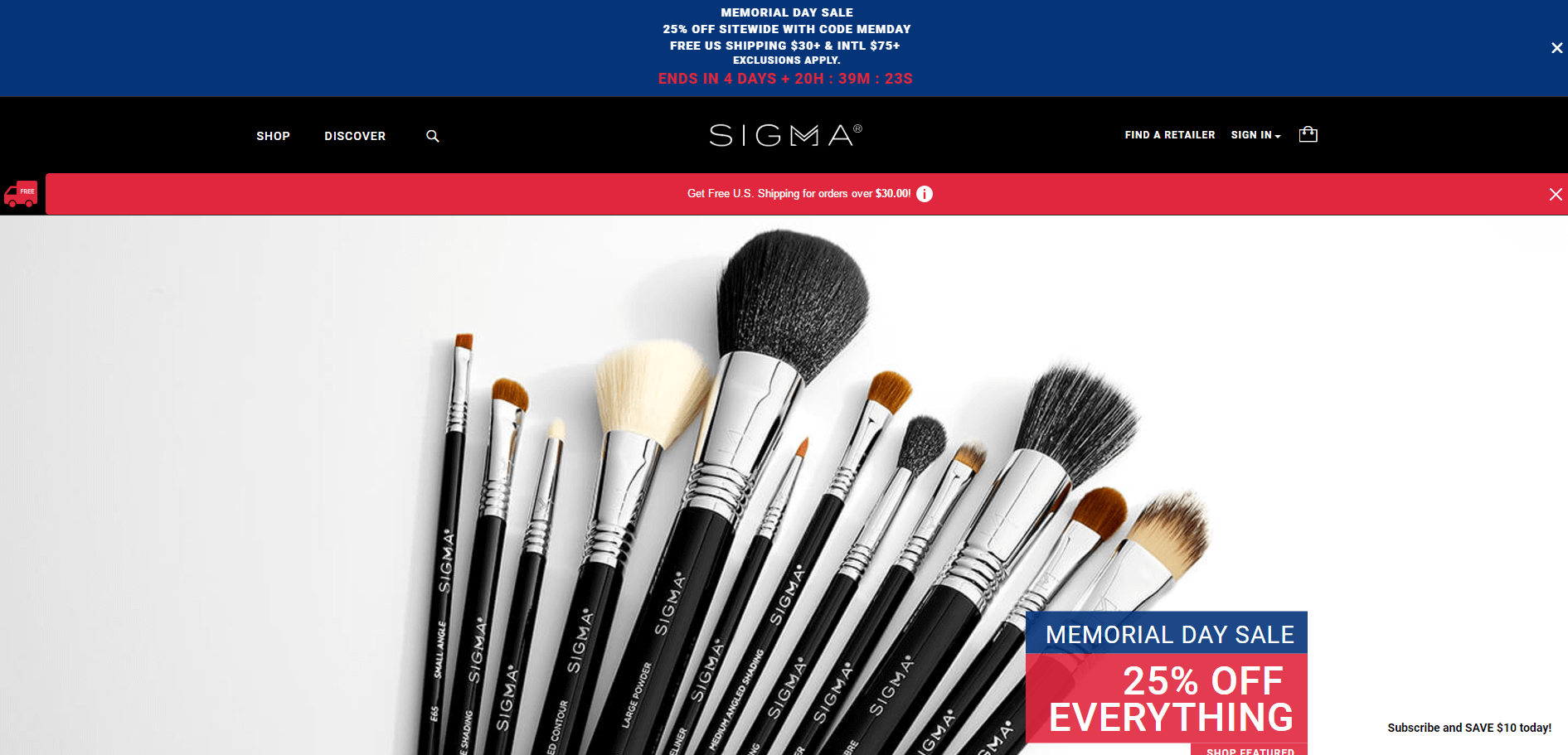Sigma Beauty优惠码2026 Memorial Day全场化妆刷额外75折促销满额免邮