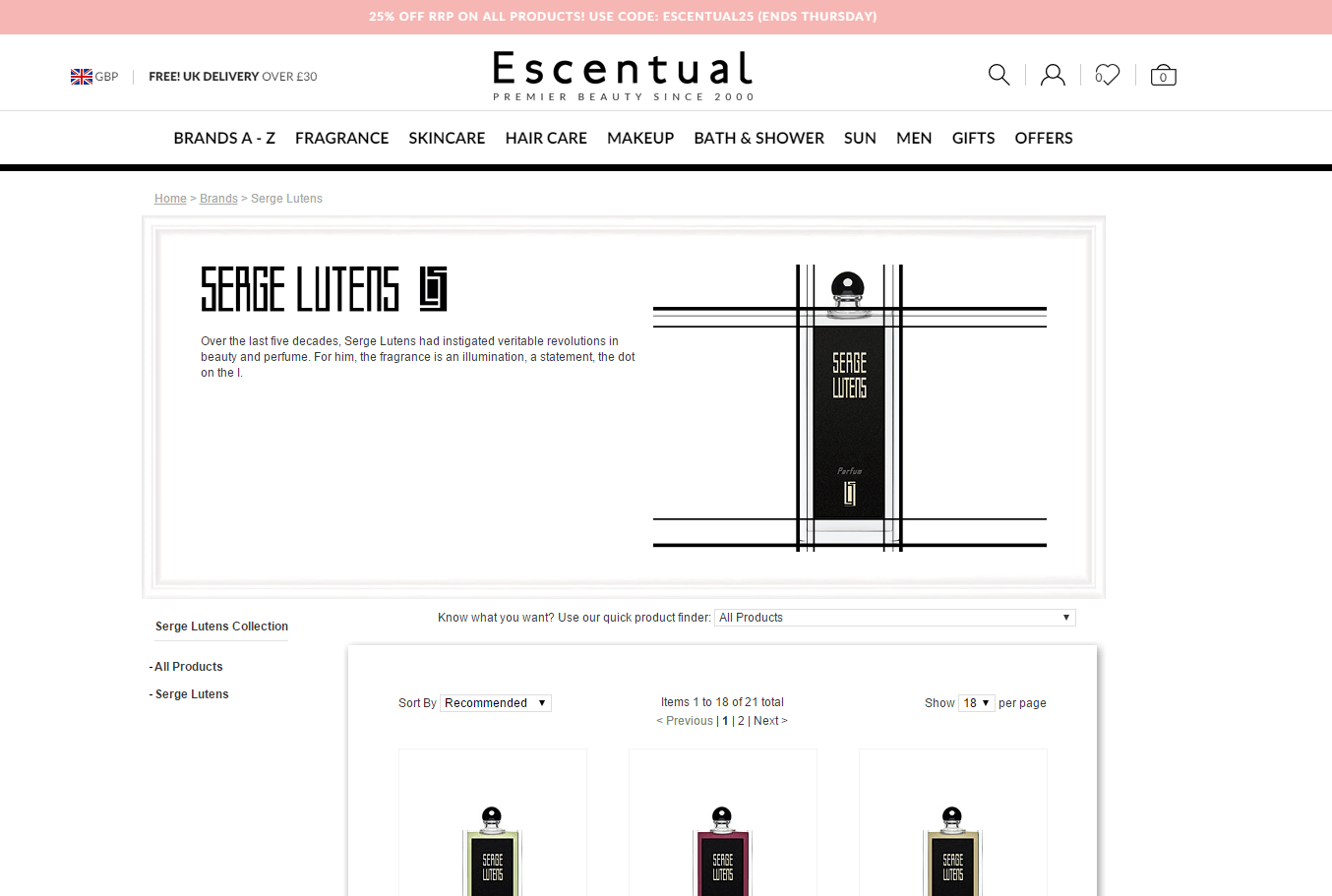 Escentual折扣码2026 现有芦丹氏Serge Lutens香水全线75折前世今生、香子木兰等,需转运