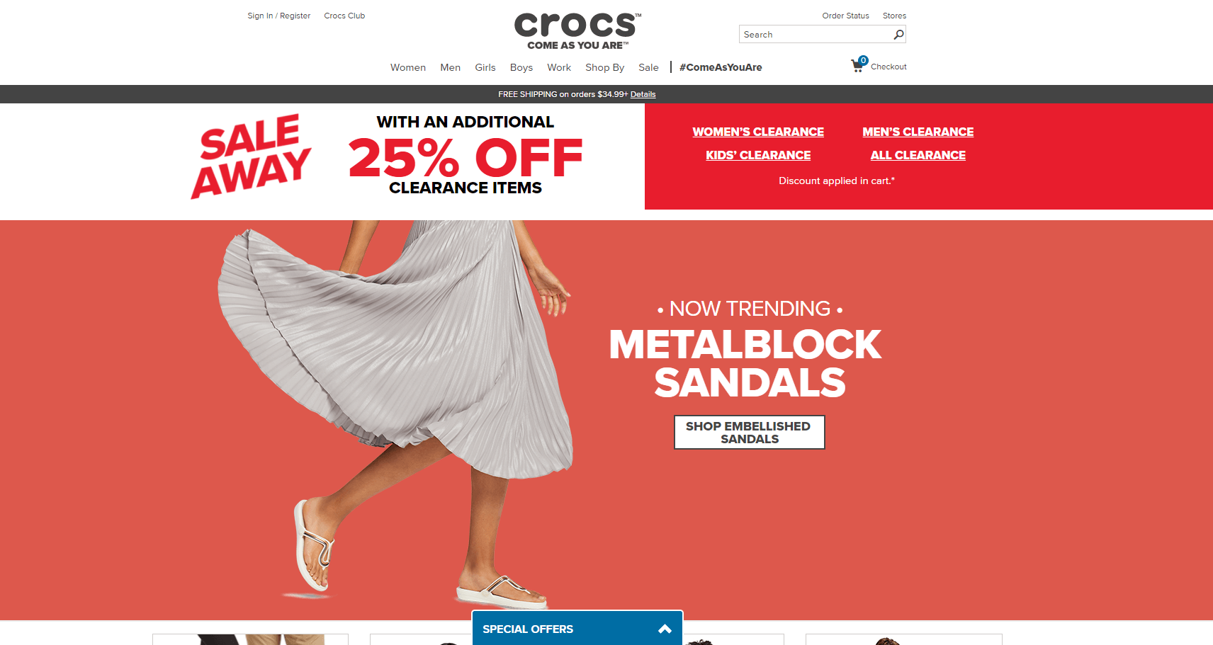 Crocs优惠码2026 清仓区精选夏日凉鞋额外7.5折促销满额免邮
