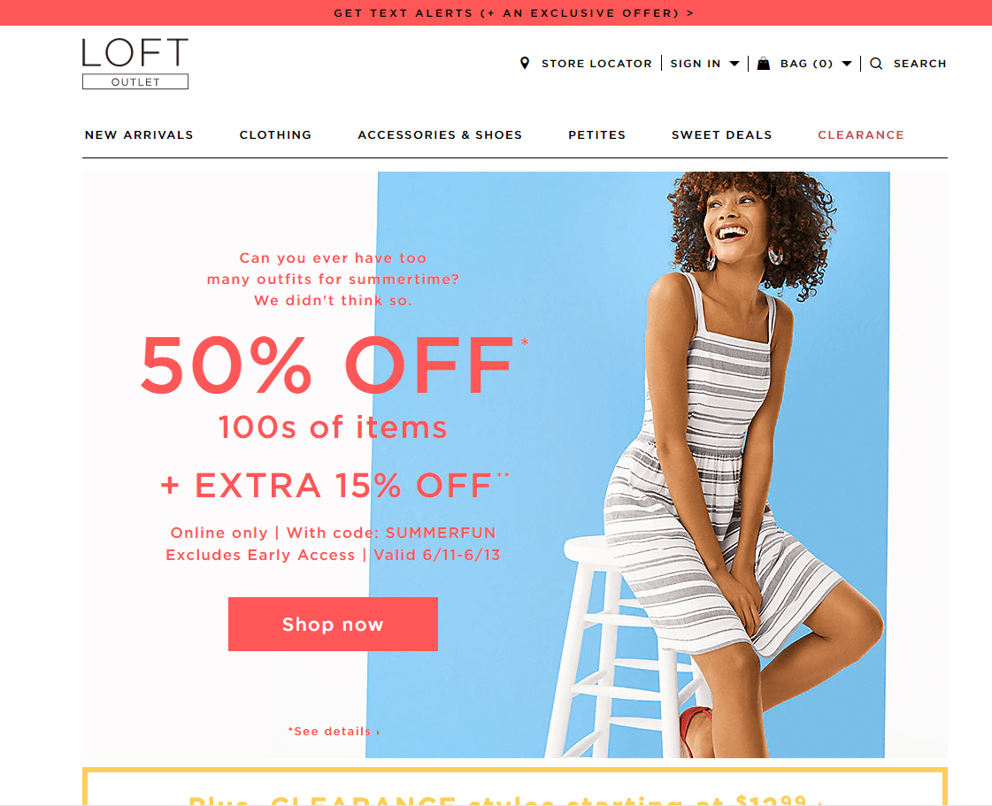 LOFT Outlet优惠码2026 精选美衣5折+额外8.5折促销满额免邮