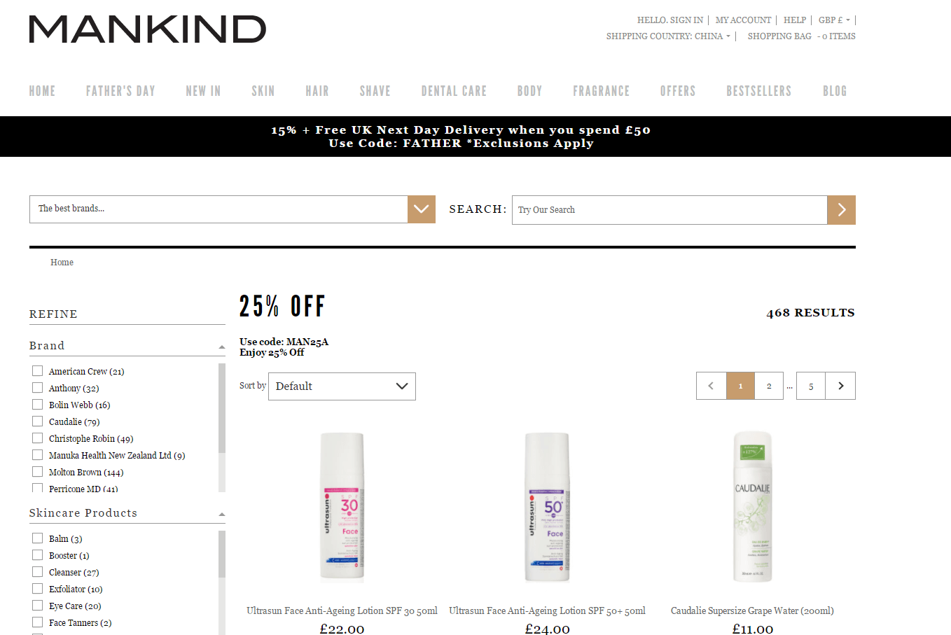 Mankind折扣码2026 精选小众品牌Ultrasun防晒、Molton Brown沐浴等产品热卖 7.5折+直邮中国 支持支付宝付款