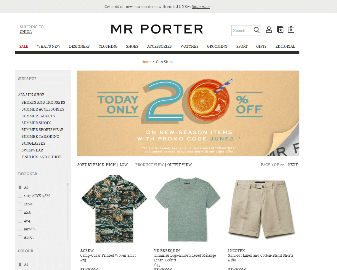 Mr. Porter折扣码2026 英国站精选夏季正价服饰鞋包无门槛8折促销限时一天
