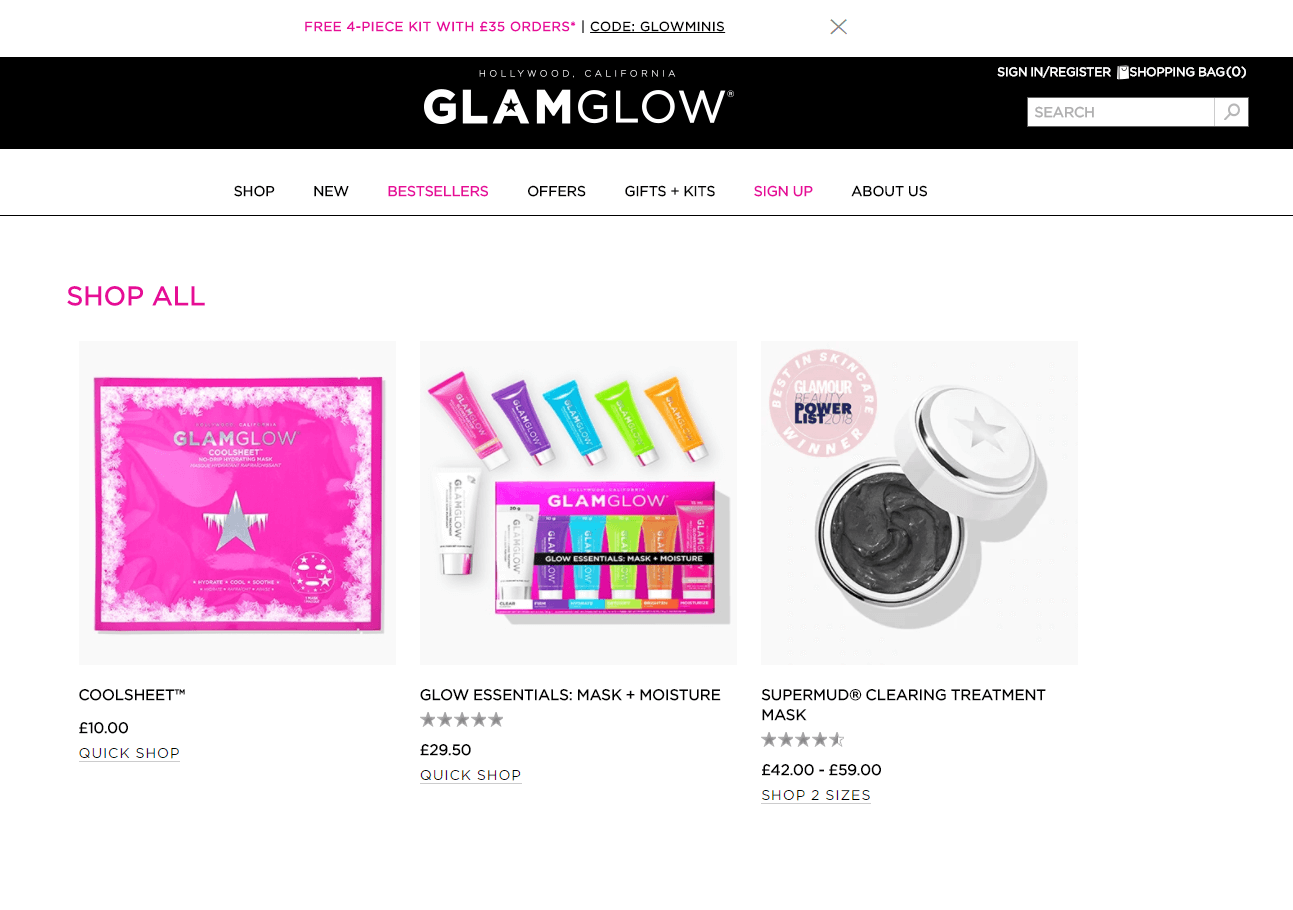 Glam Glow折扣码2026 Glamglow英国官网全场满£35赠四件套需转运