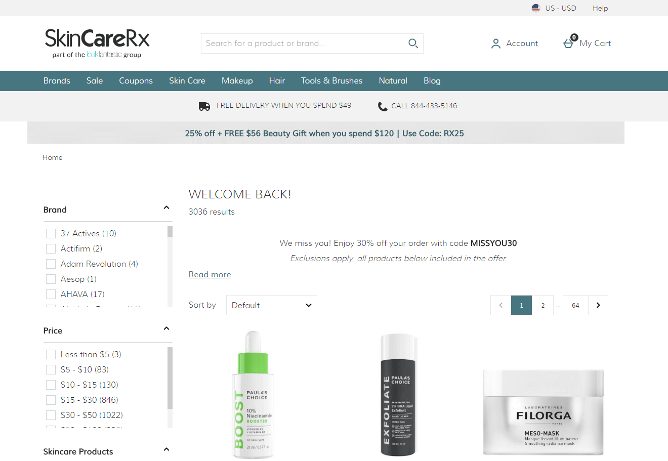 SkincareRx优惠码2026 现有精选菲洛嘉、宝拉珍选等商品7折促销满额免邮