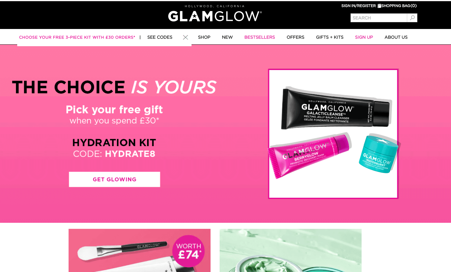 Glam Glow折扣码2026 glamglow英国官网全场满£30自选三件套赠品需转运