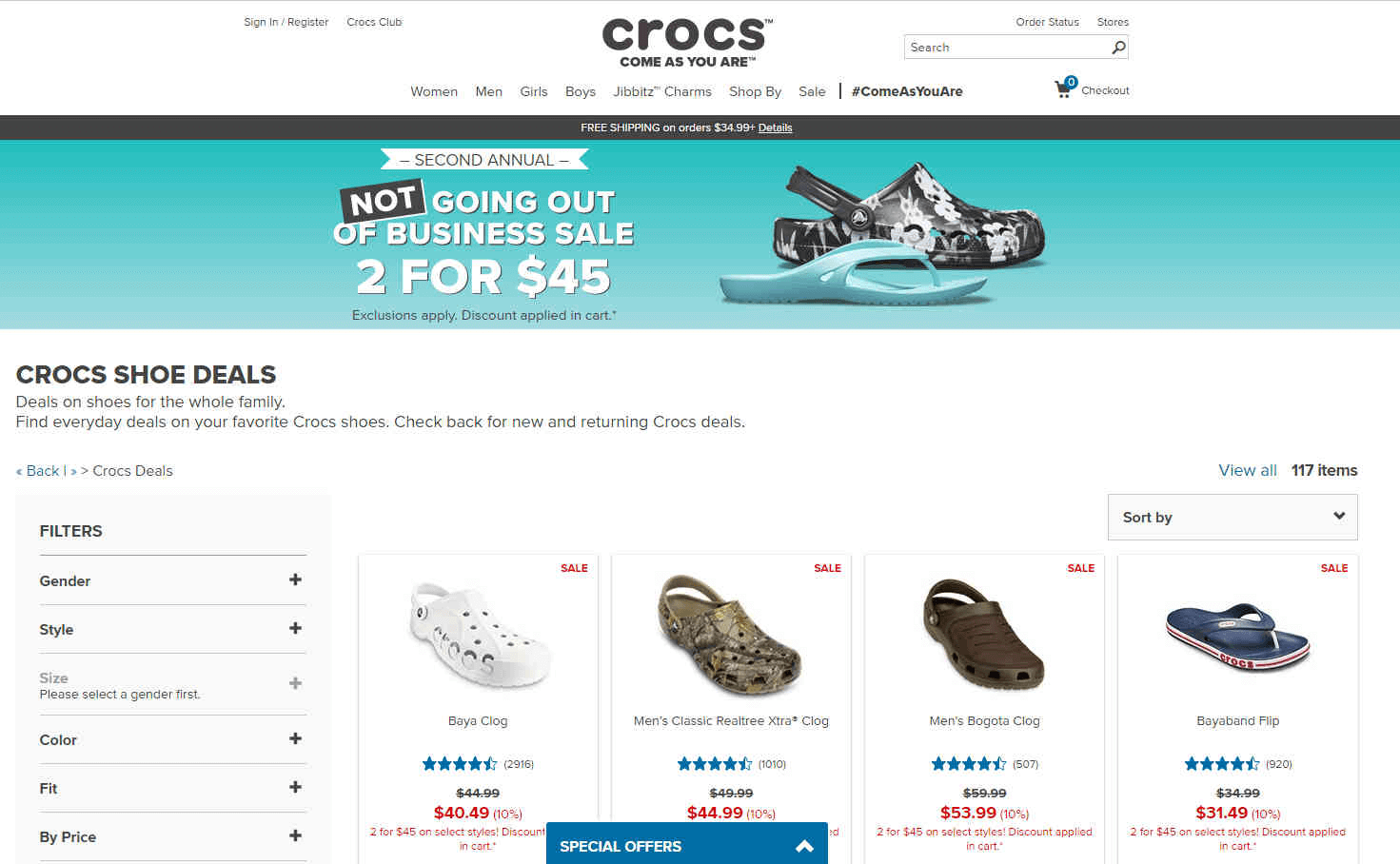 Crocs优惠码2026 精选洞洞鞋2双直接促销满额免邮