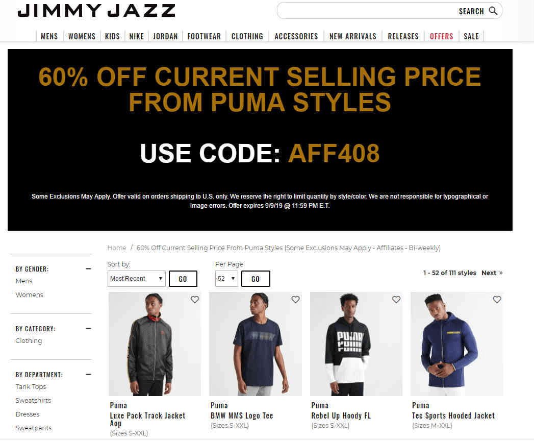 Jimmy Jazz优惠码2026 现有精选PUMA服饰一律4折促销折后T恤仅