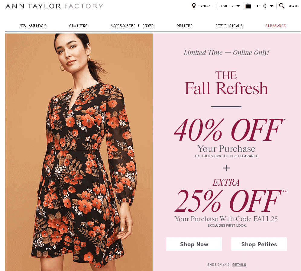 Ann Taylor Factory优惠码2026 全场服饰低至6折+额外7.5折促销满额免邮