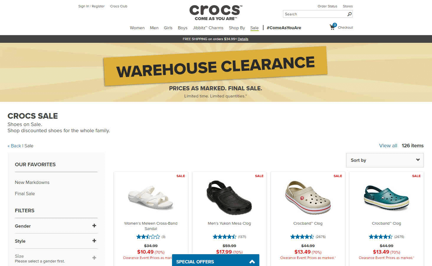 Crocs优惠码2026 现有清仓区洞洞鞋低至3折促销满额免邮