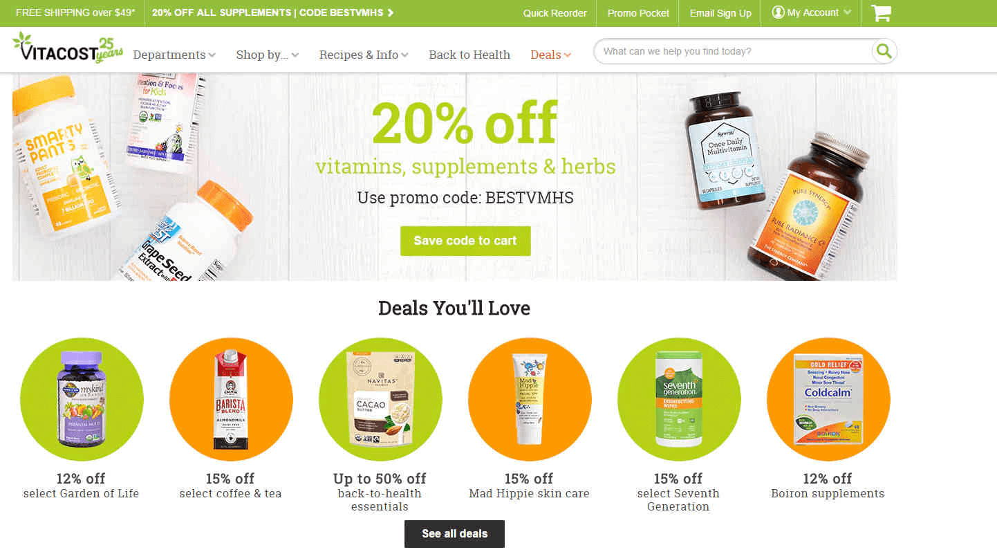 VitaCost优惠码2026 精选有机食品、婴儿辅食等无门槛8折促销满额免邮