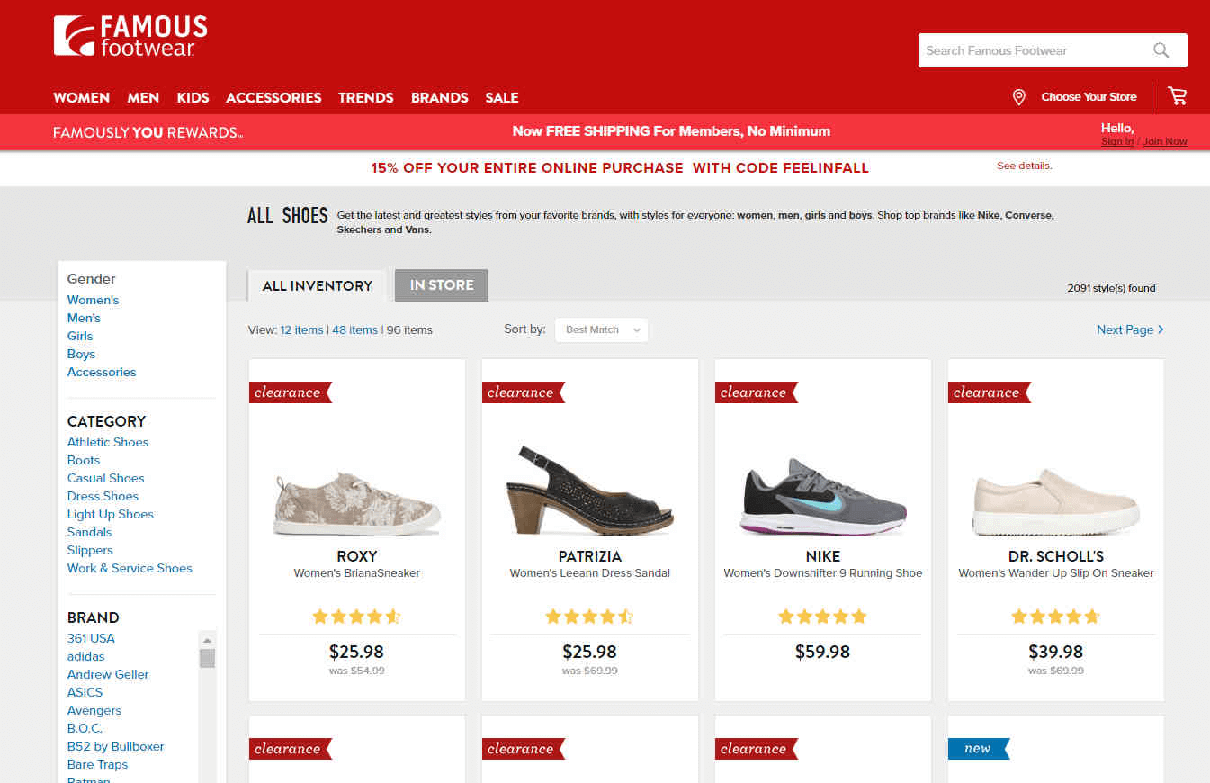 Famous Footwear优惠码2026 现有清仓区额外8.5折促销会员免邮