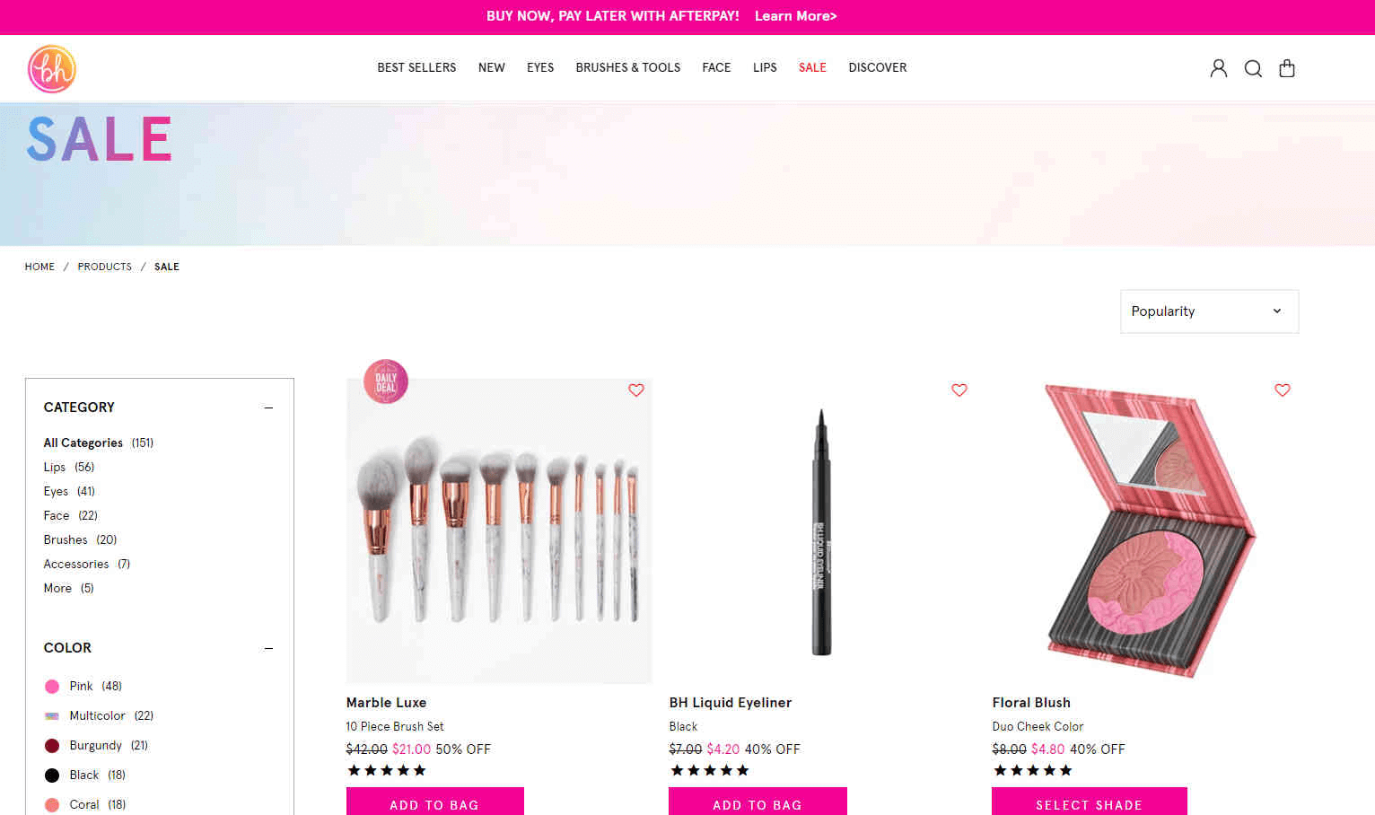 BH Cosmetics优惠码2026 现有折扣区低至5折促销+额外8折满额免邮