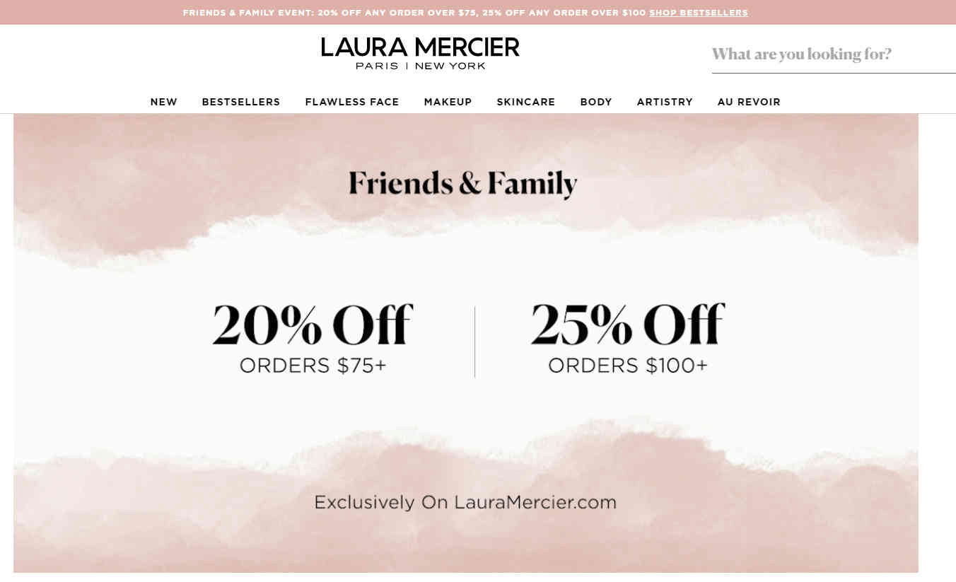 Laura Mercier优惠码2026 亲友特买全场美妆满享8折/满0享7.5折促销满额免邮