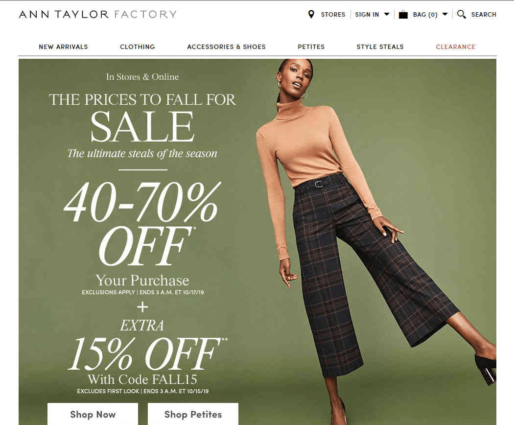 Ann Taylor Factory优惠码2026 现有全场服饰低至3折+额外8.5折促销满额免邮