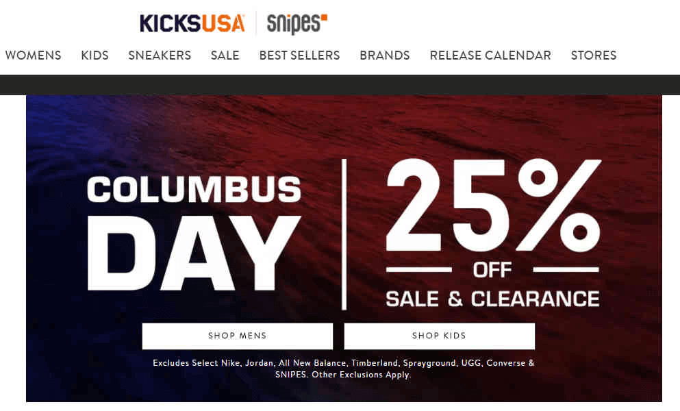 KICKSUSA优惠码2026 Columbus Day哥伦布日折扣区额外75折促销满额包邮