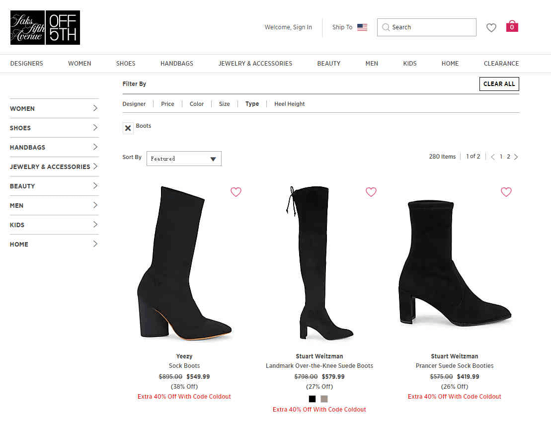 Saks OFF 5TH优惠码2026 美靴热卖低至6折+额外6折  SW踝靴$89，过膝靴$299 UGG雪地靴$53