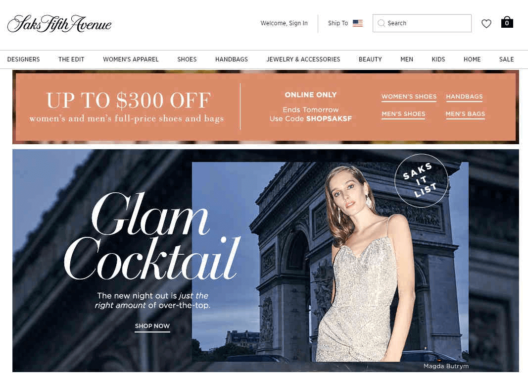 Saks Fifth Avenue优惠码2026 现有全场正价时尚大牌最高立减0促销美妆不参加