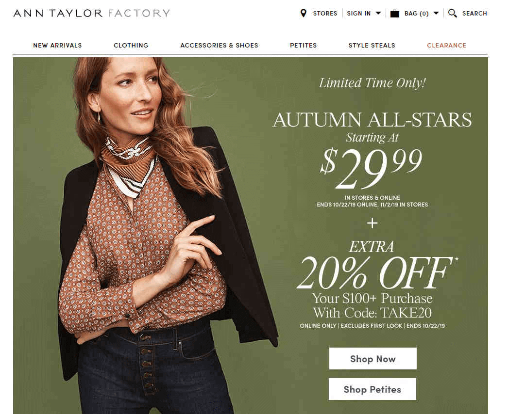 Ann Taylor Factory优惠码2026 现有全场服饰低至4折+满100额外8折促销满额免邮