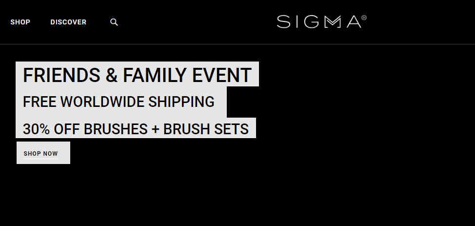 Sigma Beauty优惠码2026 现有亲友特卖会精选化妆刷额外7折促销全球免邮
