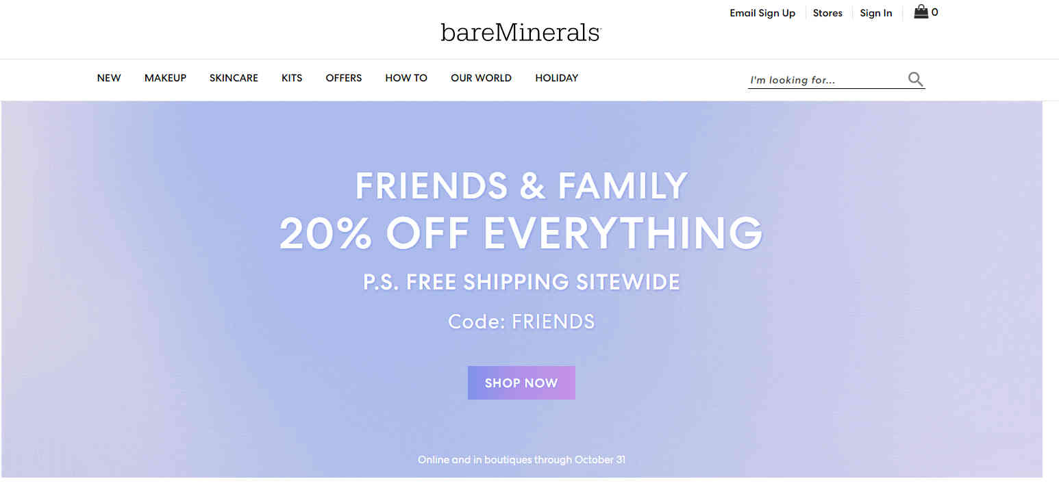 Bareminerals优惠码2026 全场美妆无门槛8折促销满加赠3件套