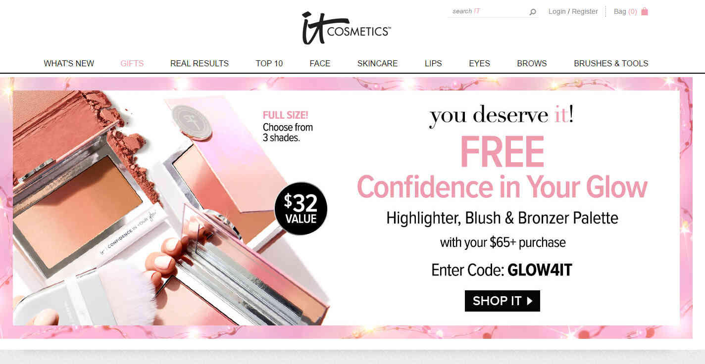It Cosmetics优惠码2026 现有全场购物满送正装腮红高光盘满额免邮