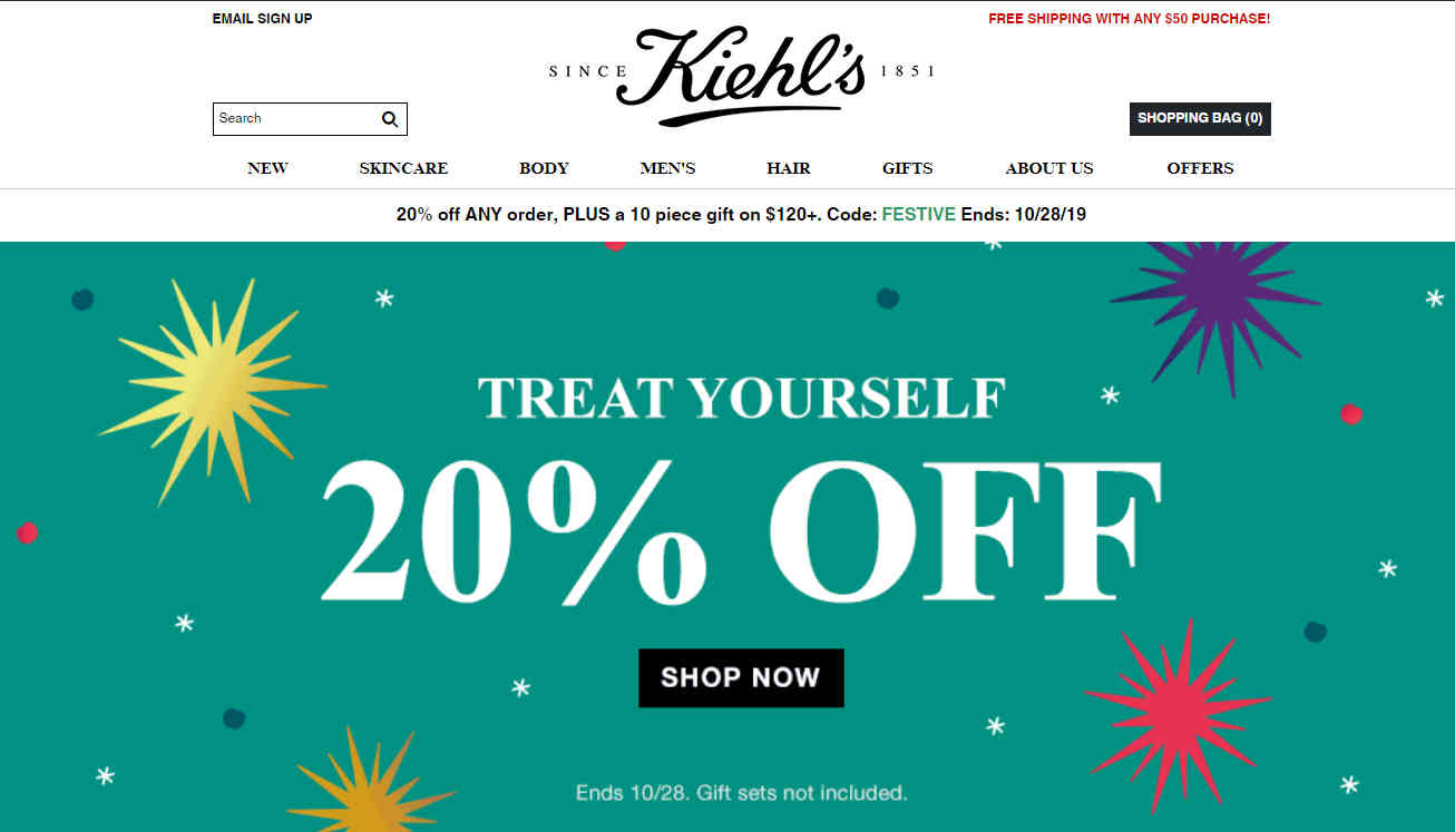 Kiehl’s优惠码2026 科颜氏官网全场商品8折促销+满0送10件套礼包满额免邮