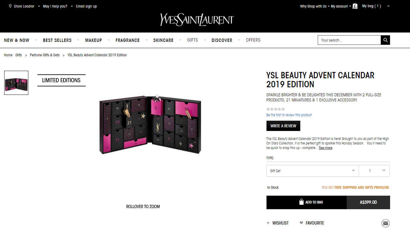 YSL Beauty圣罗兰 YVES SAINT LAURENT2019圣诞日历售价AU9+满赠好礼-图片1
