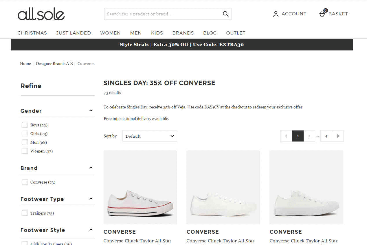 Allsole折扣码2026 现有精选Converse匡威男女鞋款额外6.5折促销直邮中国+支持支付宝付款