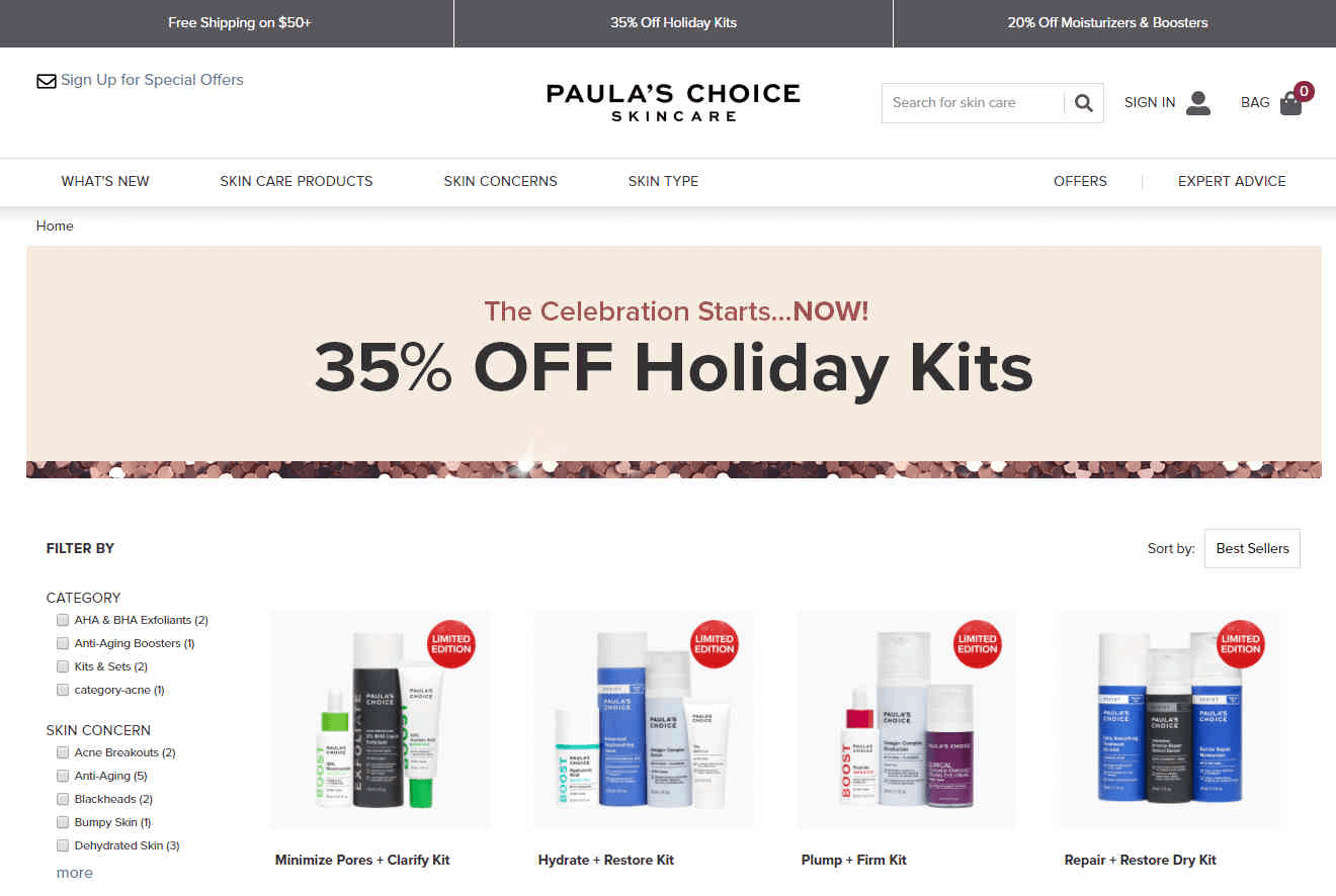Paula’s Choice优惠码2026 宝拉珍选美国官网现有精选圣诞套装6.5折促销满额免邮