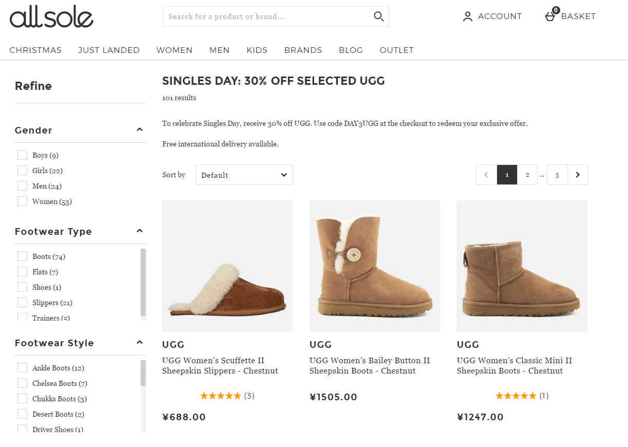 Allsole折扣码2026 现有UGG全线鞋款7折促销直邮中国+支持支付宝付款