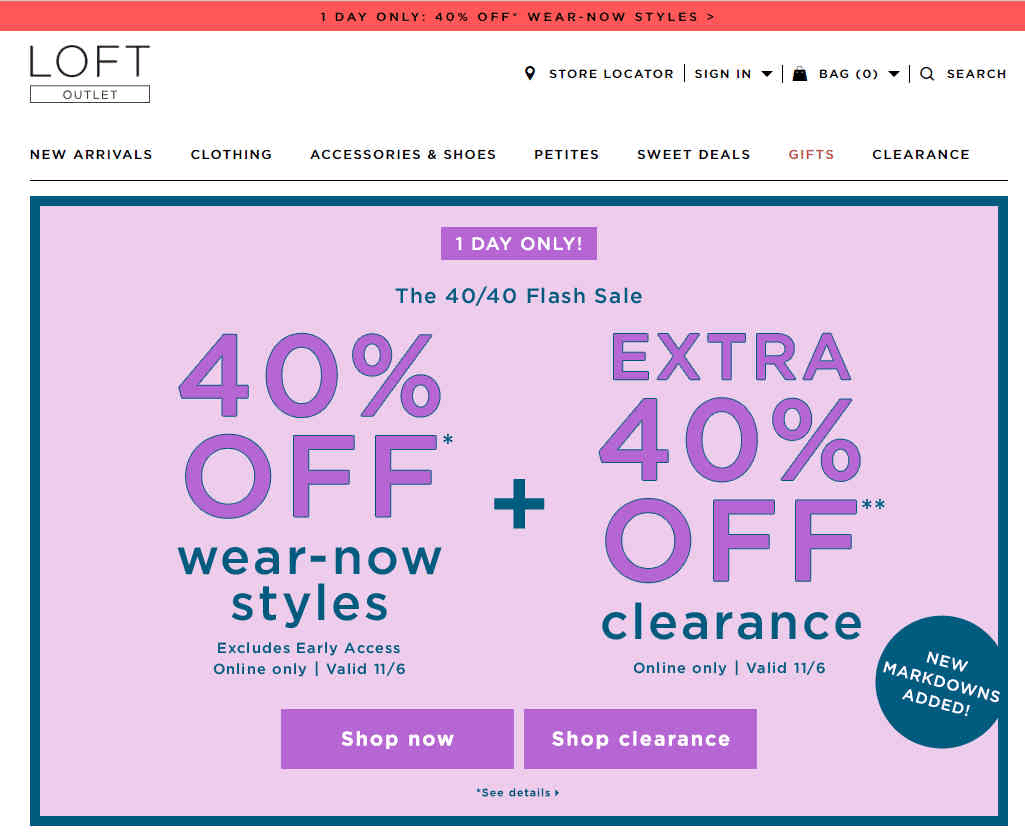 LOFT Outlet优惠码2026 精美当季款服饰六折清仓区额外六折