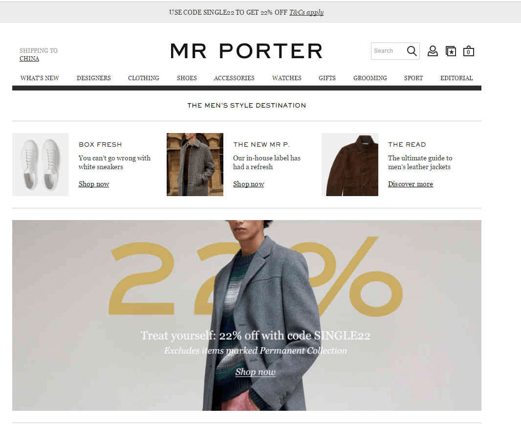 Mr. Porter折扣码2026 双十一无门槛78折促销大牌低价