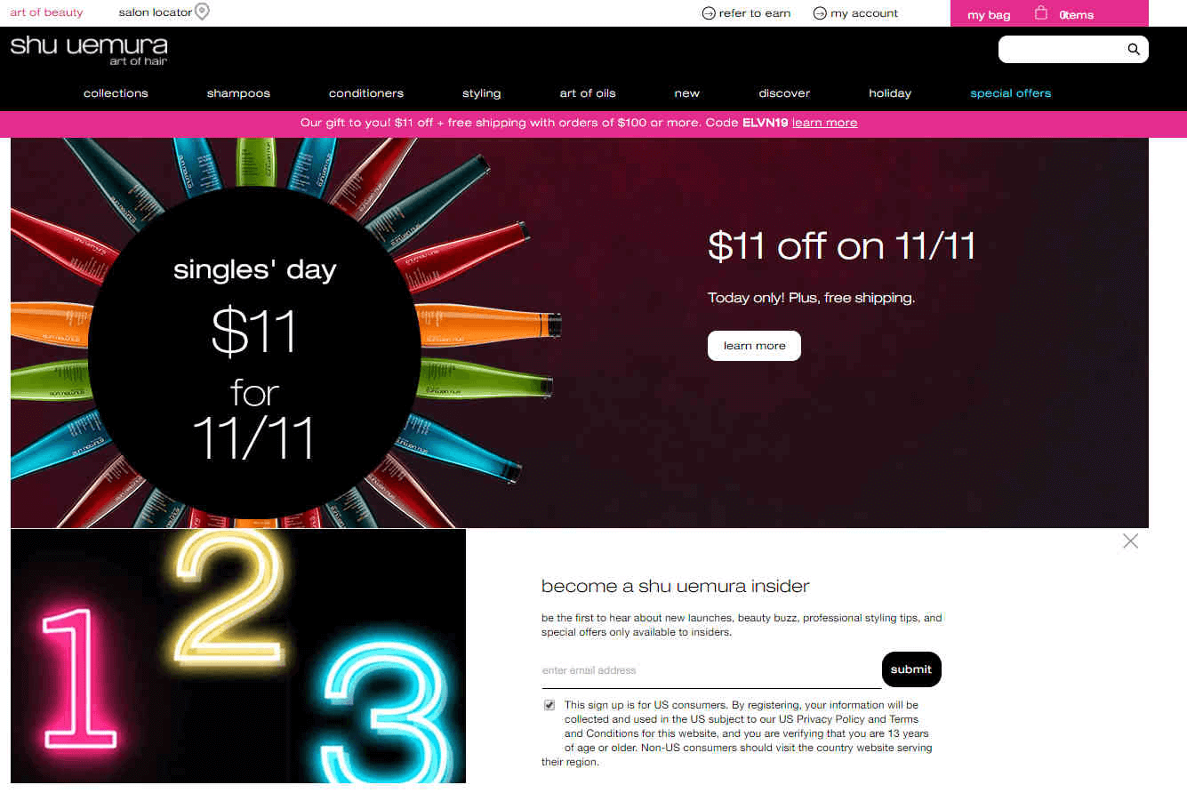 植村秀旗下Shu Uemura Art of Hair优惠码2026 双十一全场护发满$100立减$11美国包邮
