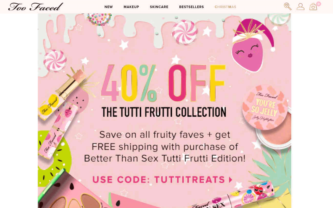 Too faced优惠码2026 现有精选Tutti Frutti系列彩妆6折促销满额免邮