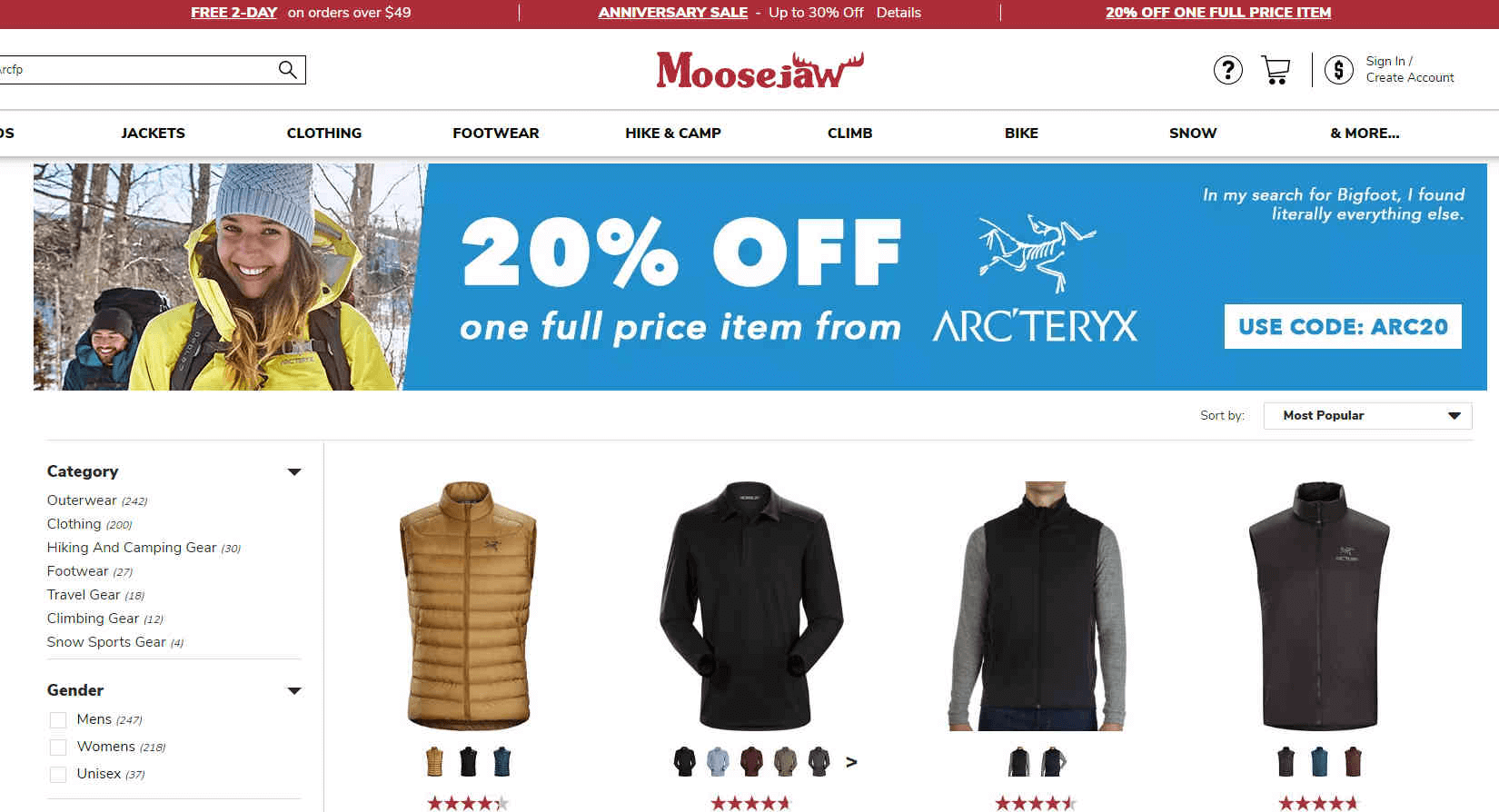 Moosejaw优惠码2026 始祖鸟品牌户外运动服饰促销正价商品8折