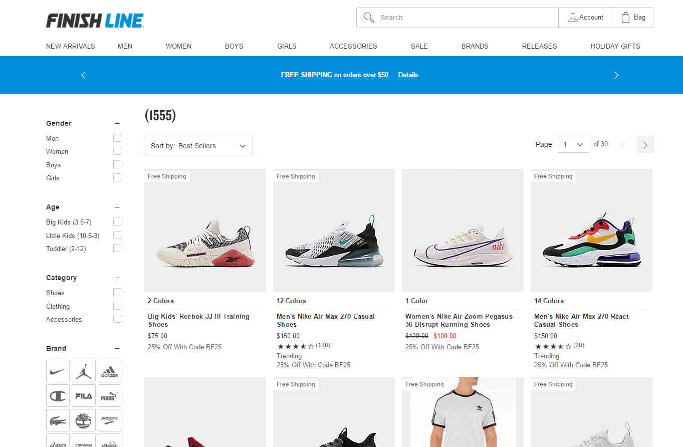 FinishLine优惠码2026 黑五精选运动鞋服无门槛7.5折需运费