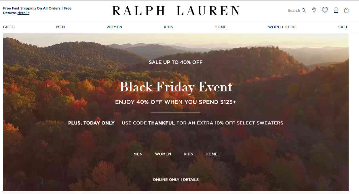 Ralph Lauren优惠码2026 拉夫劳伦官网黑五精选服饰鞋包满5享6折毛衣叠加额外9折