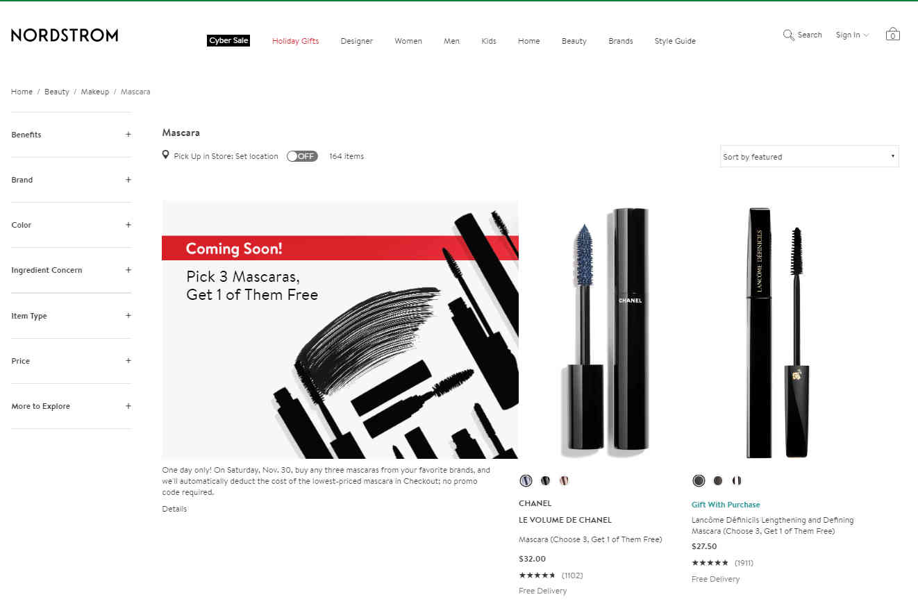 Nordstrom优惠码2026 黑五精选睫毛膏买三免一促销含YSL、CHANEL、Dior等品牌
