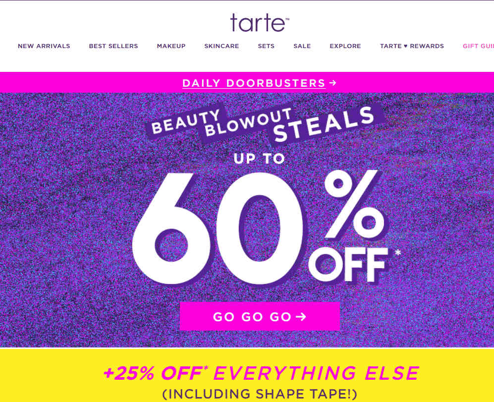 Tarte优惠码2026 网一全场美妆产品低至6折+额外7.5折促销满额免邮