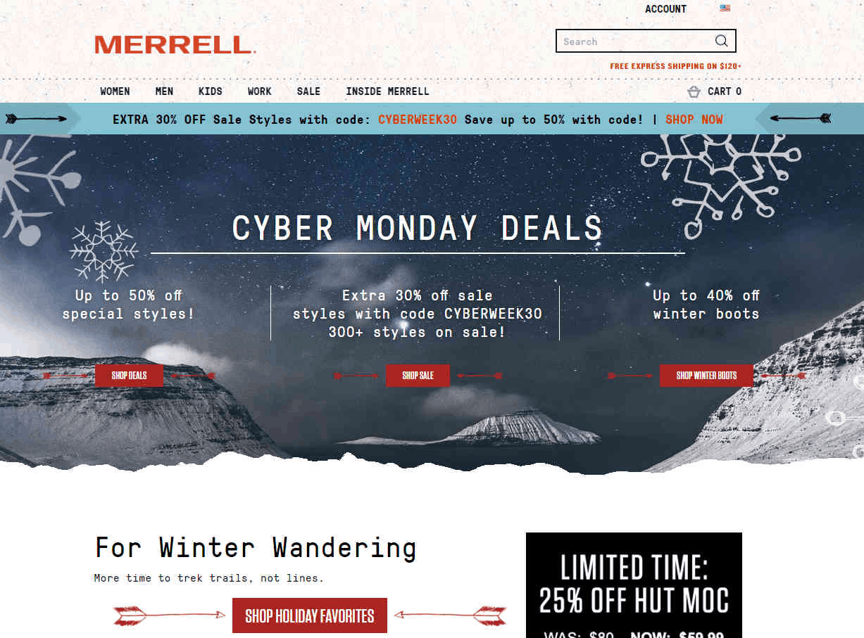 Merrell折扣码2026 网一精选产品低至五折精选商品额外七折
