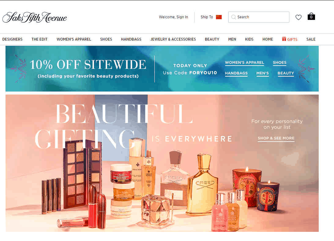 Saks Fifth Avenue优惠码2026 现有全场美妆无门槛9折促销叠加品牌礼包