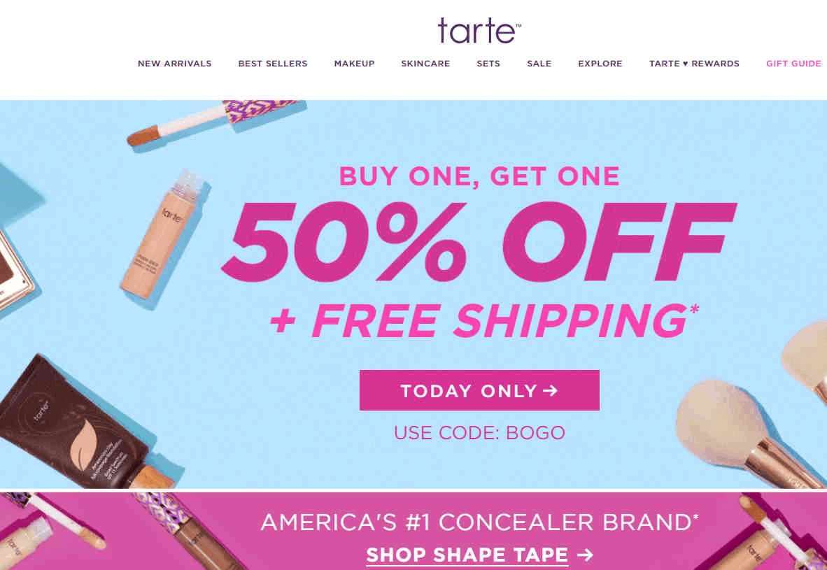 Tarte折扣码2026 全场美妆产品第二件半价促销满额免邮