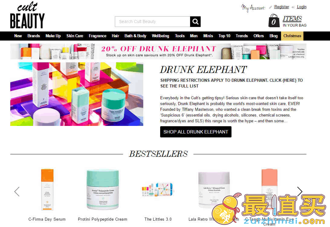 Cult beauty折扣码2026 现有DRUNK ELEPHANT醉象全线无门槛8折促销直邮中国退税17%+新人额外85折