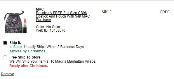 Macys梅西百货 折扣码2026 有MAC彩妆满送正装口红CB96满额免邮优惠码
