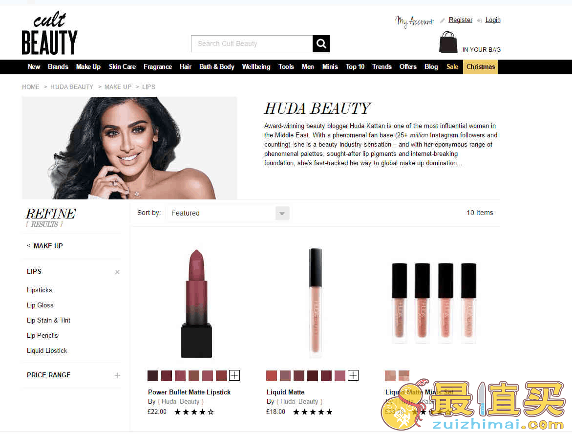 Cult beauty折扣码2026 现有huda beauty唇部彩妆无门槛8折促销叠加直邮退税17%+新人85折