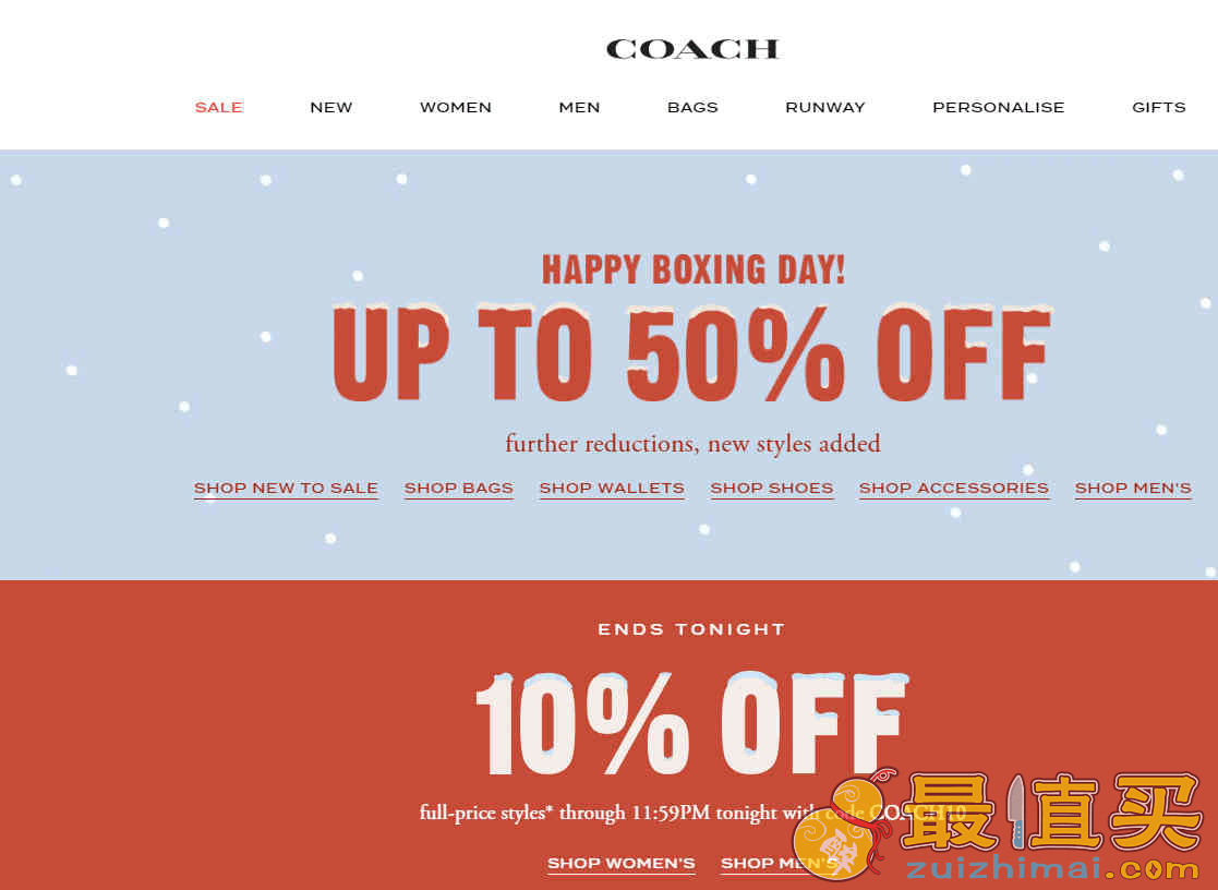 Coach折扣码2026 蔻驰英国官网Boxing Day圣诞正价商品无门槛9折促销低至5折专区上新