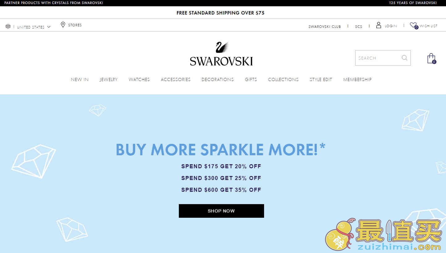 Swarovski优惠码2026 施华洛世奇美国官网全场饰品最高满额65折促销满额免邮