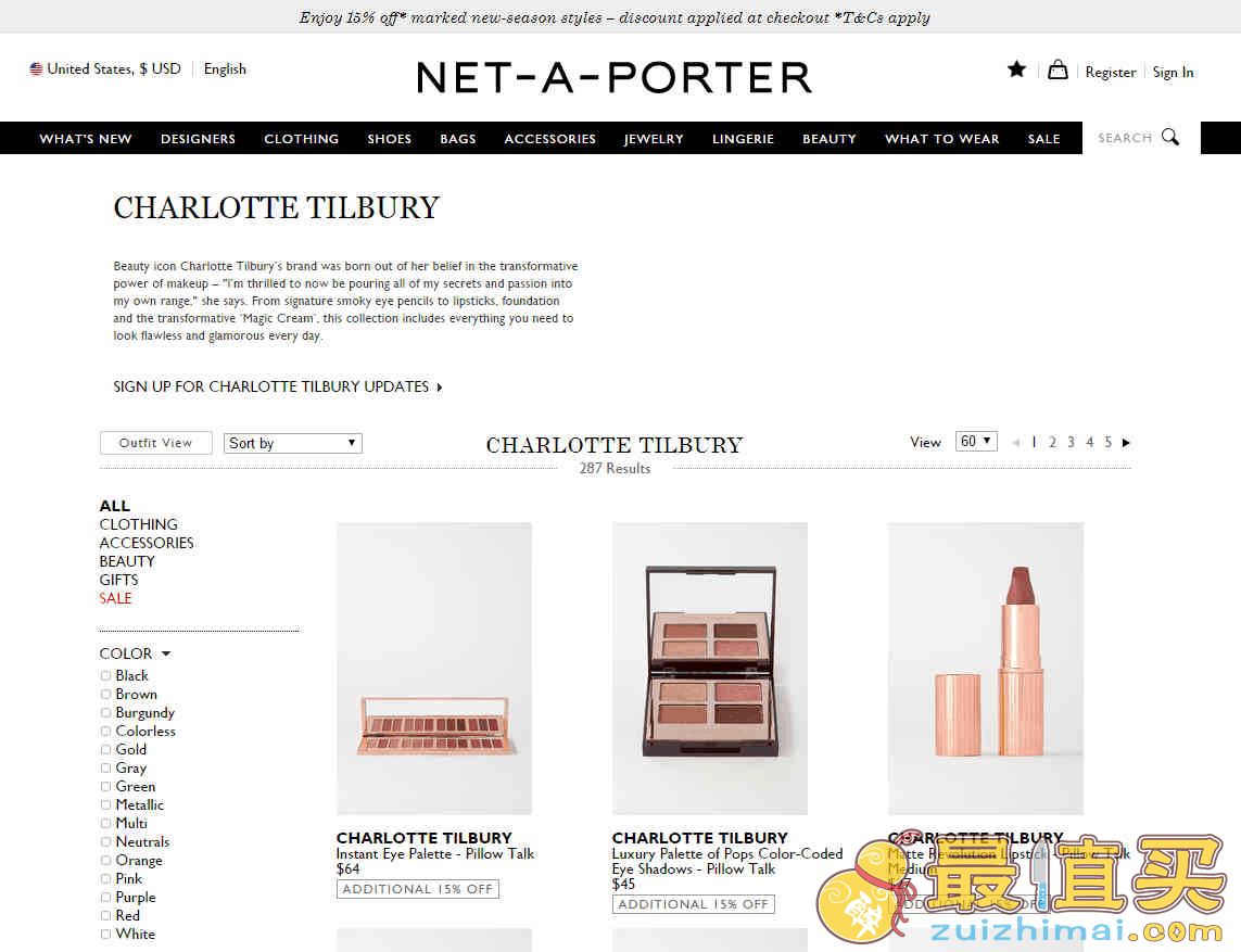 NET-A-PORTER优惠码2026 NAP美国现有Charlotte Tilbury标价85折+额外85折促销变相72折收限量眼影/口红